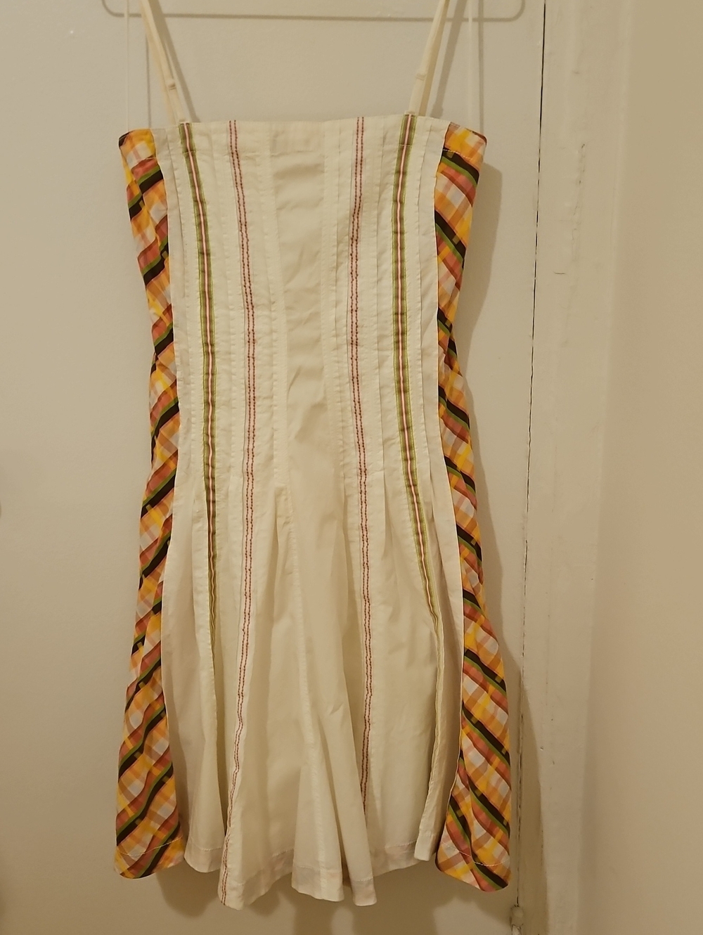 Caramel Cream Strapless Dress with Multicolor Stripe Panels